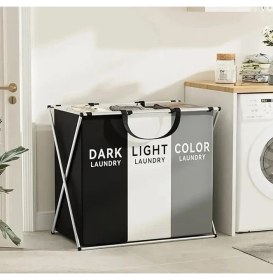 Resim Home 3 Bölmeli Katlanabilir Çamaşır Sepeti – Siyah, Beyaz ve Gri Renklerde, Dayanıklı ve Şık Tasarım, Makinede Yıkanabilir Kumaşlı, Alüminyum Gövdeli, 64X42X58 cm Boyutlarında 