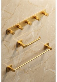 Resim Premium Gold Alüminyum Tuvalet Kağıtlığı+5'li Havlu Bornoz Askısı+büyük Havlu Askısı Yapışkanlı Altın 