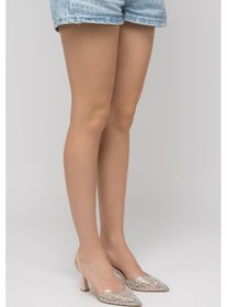 Resim V-1005 Bej Günlük Arkası Açık Taşlı Topuklu Bayan Ayakkabı Bej 