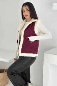 Resim Noa & Noa Kadın Peluş Kenarlı Cepli Yelek Kontrastlı & Kışlık Stil Bordo 