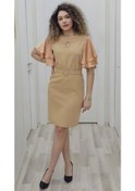 Resim Saten Kol Volanlı Boncuk İşlemeli Kemerli Abiye Elbise 6012-camel Camel 