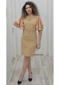 Resim Saten Kol Volanlı Boncuk İşlemeli Kemerli Abiye Elbise 6012-camel Camel 