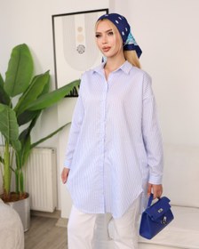 Resim Mavi Beyaz Çizgili Oversize Uzun Tunik Gömlek Tesettür Uyumlu Rahat Kalıp Salaş Gömlek 