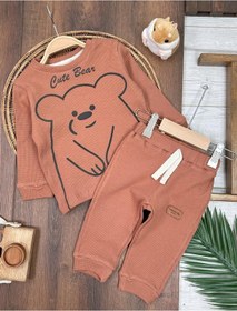 Resim Waffle Kumaş Omuzdan Çıtçıtlı Animal Baskılı Erkek Bebek 2'li Takım Kahverengi 
