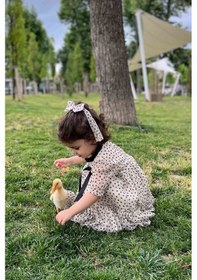 Resim Siyah Kurdele Detaylı Minik Çiçekli Şifon Tül Tasarım Kız Çocuk Bebek Elbise Ve Toka Takımı 001 