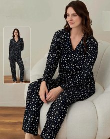 Resim Boyraz Kadın İnce Süet Boydan Düğmeli Kışlık Pijama Takımı 02019- 1 Adet Siyah 
