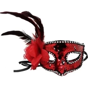 Resim Kırmızı Yandan Tüylü Güllü Taşlı Pullu Maske 