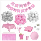 Resim Sofra Setli Pembe Beyaz 24 Kişilik Doğum Günü Seti 