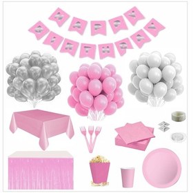 Resim Sofra Setli Pembe Beyaz 24 Kişilik Doğum Günü Seti 