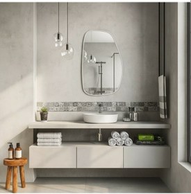 Resim 40x64 Cm Modern Organik Form Banyo Aynası Beyaz Çerçeveli Asimetrik Duvar Aynası Minimalist Şık Dekor Ayna Beyaz 