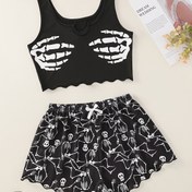 Resim Müzik Festivali Kafatası Baskılı Pijama Takımı, Marul Kenarlı Yaka Crop Tank Top & Şort, Kadınlar için Rahat Giyim ve Uyku Giyim 