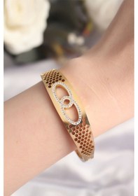 Resim 316l Çelik Gold Renk Zirkon Taşlı Kadın Kelepçe Bilezik Çok Renkli 