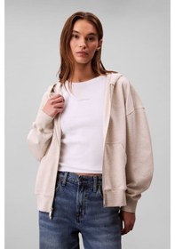 Resim Kadın Regular Fit Fermuarlı Kapüşonlu Sweatshirt - Bej Vanilla Heather 