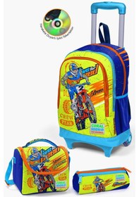 Resim Coral High Kids Fosforlu Sarı Saks Motorsiklet Desenli Çekçekli 3'lü Çanta Seti Set0123942 