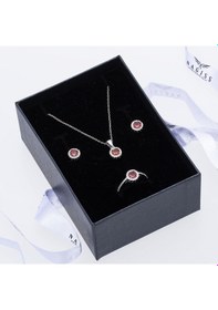 Resim Kırmızı Zirkon Taşlı 925 Ayar Gümüş Kadın Üçlü Tektaş Set 