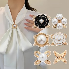 Resim 6 adet Kadın Modası Minimalist Sahte İnci Eşarp Tokası Şal Dekorasyon Tokası Giyim Köşesi T-shirt Kemer Düğme Tokası 