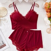 Resim 2'li set çiçek desenli dantel birleştirme pijama, V yaka düz renkli fiyonklu üst ve şortlu kadın pijama ve ev giyimi 