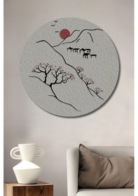 Resim Japon Esintili Minimalist Manzara Sulu Boya Görünümlü Ahşap Tablo Yuvarlak Duvar Tablosu 2350 - 45 X 45 