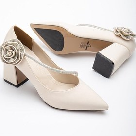 Resim Saten Çapraz Taş Detaylı Ten Kadın Kalın Topuk Stiletto-2533-ten Ten 