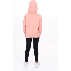 Resim Toontoy Kids Toontoy Kız Çocuk 2'li Takım Baskılı Kapüşonlu Düşük Omuz Sweatshirt & Basic Düz Tayt Mercan 