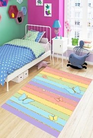 Resim Pelangi Kelebek Desen Gold Şeritli Renkli Dijital Baskı Yıkanabilir Kaymaz Taban Genç Kız Çocuk Odası Halısı, Karışık Renkli 80 x 150 