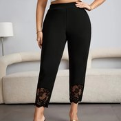 Resim Kadınlar için Büyük Beden Zarif Kavisli Havuç Pantolonu, Kontrast Dantel Cep Detayı ile, %95 Polyester %5 Elastan, Orta Esneklikli Örgü Kumaş, Tüm Mevsimler için Düz Renk, 200g/m² - Siyah 