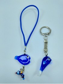 Resim Ennea Art Balık Nazar Boncuğu Dikiz Ayna Süsü + Balık Nazar Boncuğu Anahtarlık El Yapımı Cam Ikili Hediye Seti 