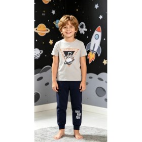 Resim NiCe İç Giyim Astronot Baskı Gri & Siyah Renk Bisiklet Yaka Manşetli Paça Cepli Pamuk Penye Erkek Çocuk Pijama Alt & Üst Takım 