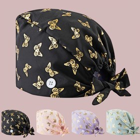 Resim Kadın Hemşire Şapkası Altın Kelebek Baskılı - Siyah Polyester, Teri Emici Tasarım, Beyaz Düğme Detaylı, Hastaneler, Klinikler ve Evde Bakım Çalışanları İçin Şık, Hemşire Aksesuarları, Profesyonel Başlık, Zarif Başlık, Dayanıklı Başlık 