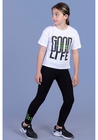 Resim Toontoy Kids Toontoy Kız Çocuk 2'li Takım Baskılı Bisiklet Yaka T-shirt & Basic Düz Tayt Beyaz 