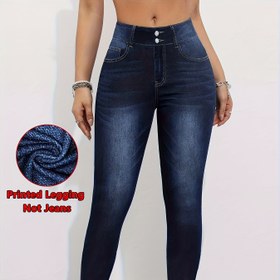 Resim [Denim Baskı/Taklit Denim] Baskılı Tayt - Denim Kumaş Değil Kadınlar İçin Taklit Denim Tayt Derin Kraliyet Mavisi Denim Baskı Yazlık Kadın Alt Giyim 