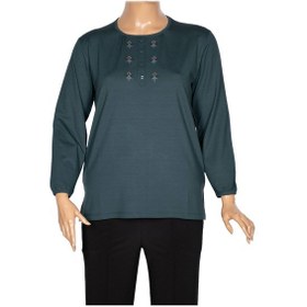 Resim Cimariva Kadın Neşe Büyük Beden O Yaka Robası Nakışlı Koyu Turkuaz Bluz Petrol 