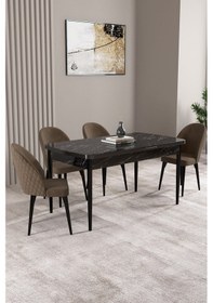 Resim Milas Siyah Mermer Desen 80x132 Mdf Açılabilir Yemek Masası Takımı 4 Adet Sandalye Kahverengi 