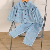 Resim Kızlar için Fiyonk Tasarımlı Uzun Kollu Kot Takım, Sonbahar ve Kış İçin Mükemmel Dış Mekan Giyimi 