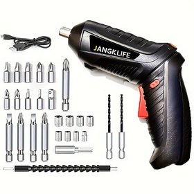 Resim JANGKLIFE 27 parça Elektrikli Tornavida Seti, USB Şarj Edilebilir, Değişken Hız, Ters Döner, 90° Dönebilir Katlanabilir Uçlar, PPSU Plastik, Elde Kullanım, ≤36V, 1300mAh Pil 