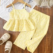 Resim Bahar ve Yaz Çiçek Desenli Düz Renk Askılı Üst ve Pantolon Sevimli Seti Gençler İçin - Polyester, Kolsuz, Çiçek Deseni, Düzenli Kesim, Dokuma Kumaş, Dış Mekanlar İçin 