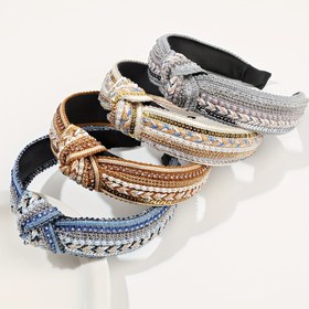 Resim Boho Rhinestone Faux Pearl Örme Başlık Parlak Sequin Baş Hoop Kadınlar için Zarif Saç Aksesuarları 