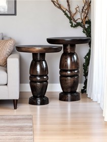 Resim AYLESA Doğal Ahşap 2’li Set Mantar Yan Sehpa Modern Koyu Ceviz Fiskos Zigon Çiçeklik 