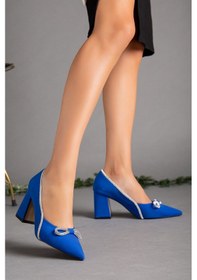 Resim Saten Taşlı Kalın Topuk Mavi Kadın Stiletto-2031-Mavi 