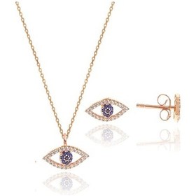 Resim Gümüş Rose Zirkon Taşlı Safir Göz Kolye Ve Küpe Gümüş Ikili Set 