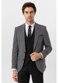 Resim Süvari Siyah Slim Fit Desenli Sivri Yaka 6 Drop Yelekli Klasik Takım Elbise-35685 Siyah 