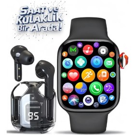 Resim Dokunmatik Bluetooth Kulaklık ve Akıllı Saat, Siyah, Arama ve Bildirim Özellikli 