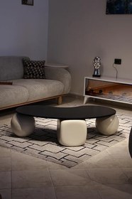 Resim Modern Orta Sehpa & Küre Sehpa & Top Sehpa & MDF Fasulye Siyah & 2 Beyaz Top - 1 Beyaz Zar 