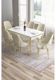 Resim Canisa Tia Serisi 80x132 Açılabilir Mdf Beyaz Gold Detay Mutfak Masası Takımı Ve 6 Krem Sandalye Masa Beyaz Sandalye Krem 