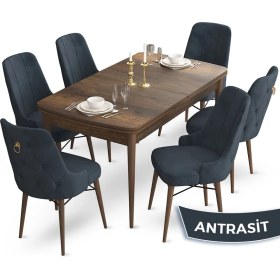 Resim Canisa Concept Taç Serisi 80 x 132 cm Açılabilir Barok Ahşap Desen Masa Takımı 6 Sandalye Gold Halkalı 
