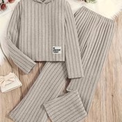 Resim 2 adet Kız Çocukları için Örgü Kaburga Harf Yaması Kapüşonlu Sweatshirt ve Geniş Paça Pantolon, Dış Mekan İçin Mükemmel 