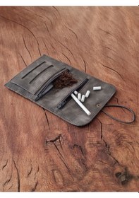 Resim Tütün Kesesi Cüzdan Tütünlük Gerçek Deri Gri Açık Boyut: 13cm 19cm Kapalı Boyut: 7cm 13cm 