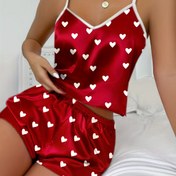 Resim Kadınların Kalp Desenli Saten Rahat Pijama Takımı, V Yaka Sırtı Açık Kısa Üst & Şort, Rahat Rahat Kesim 