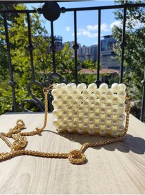 Resim Şık Özel Tasarım İnci Mini Çanta, Gece, Nikah, Özel Gün, Düğün Krem 