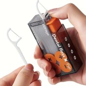 Resim 1 adet otomatik diş ipi dağıtıcı, entegre kürdan tutucu, tek tuşla kullanım, taşınabilir seyahat tasarımı, dayanıklı plastik ve naylon malzeme, şeffaf kasa kolay taşıma için, naylon diş ipi mekanizması, sağlam naylon yapı, çubuk şekli, mobil depolama 